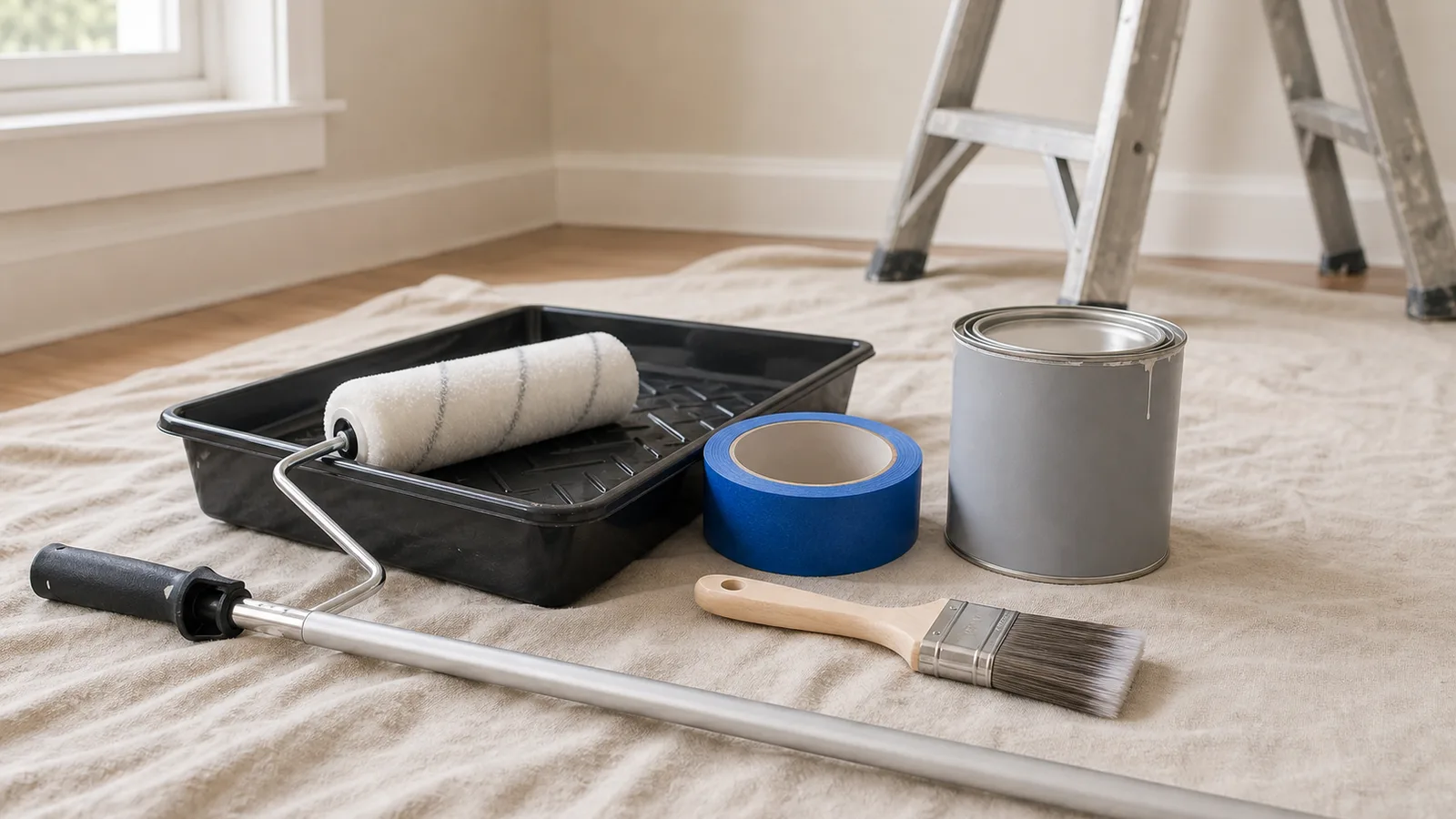 Budget painting kit with roller cover, brush, tray, and tape laid out for a room project