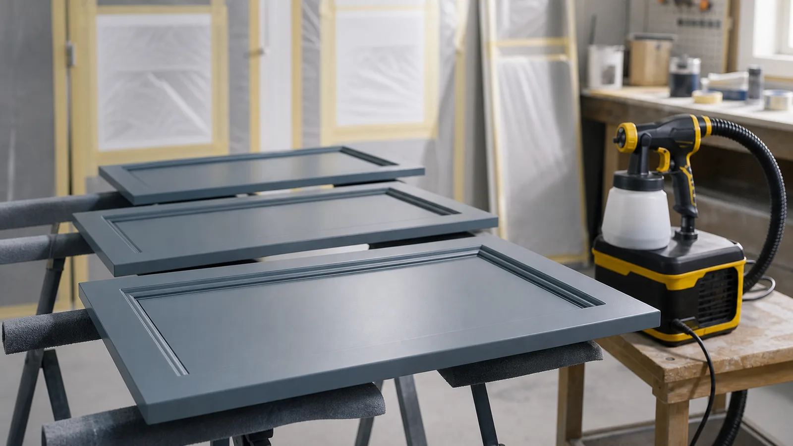 Low-overspray cabinet sprayer setup with painted doors drying on a rack