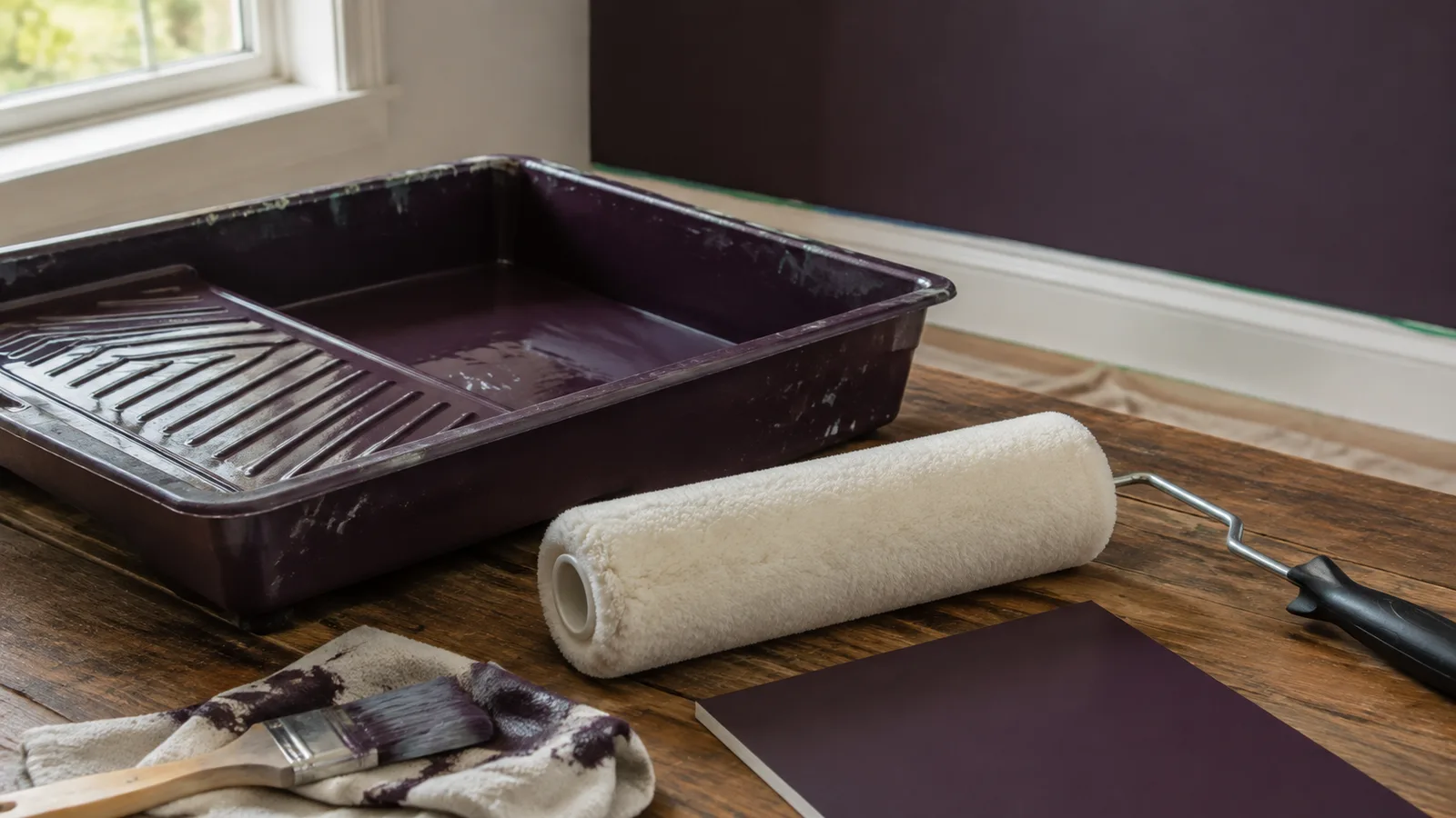 AI-generated illustration: A dark plum paint tray with a clean unbranded medium-nap roller sleeve nearby, small smooth painted wall sample, angled tabletop view.
