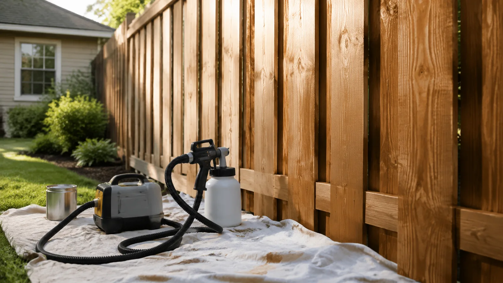 AI-generated illustration: Outdoor fence-painting setup with a generic compact sprayer and hose on a cloth beside wood fence slats, sunny but soft light.