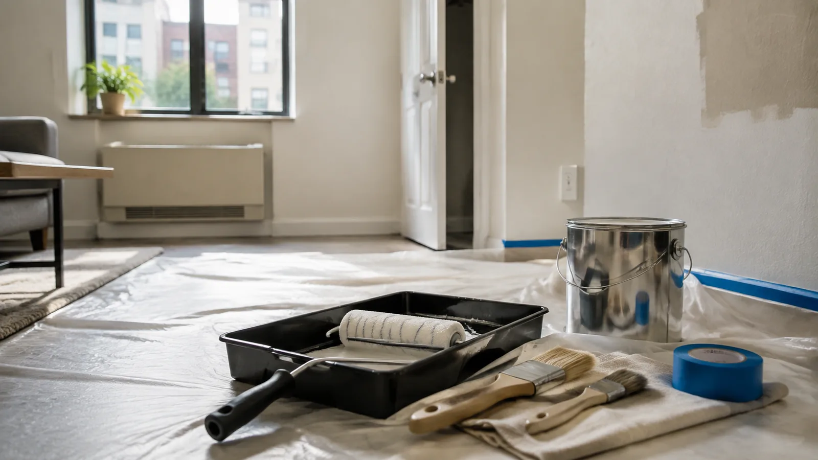 AI-generated illustration: A first apartment painting setup on bare protected floor: generic roller, tray, two brushes, tape and folded cloth, modest daylight room.
