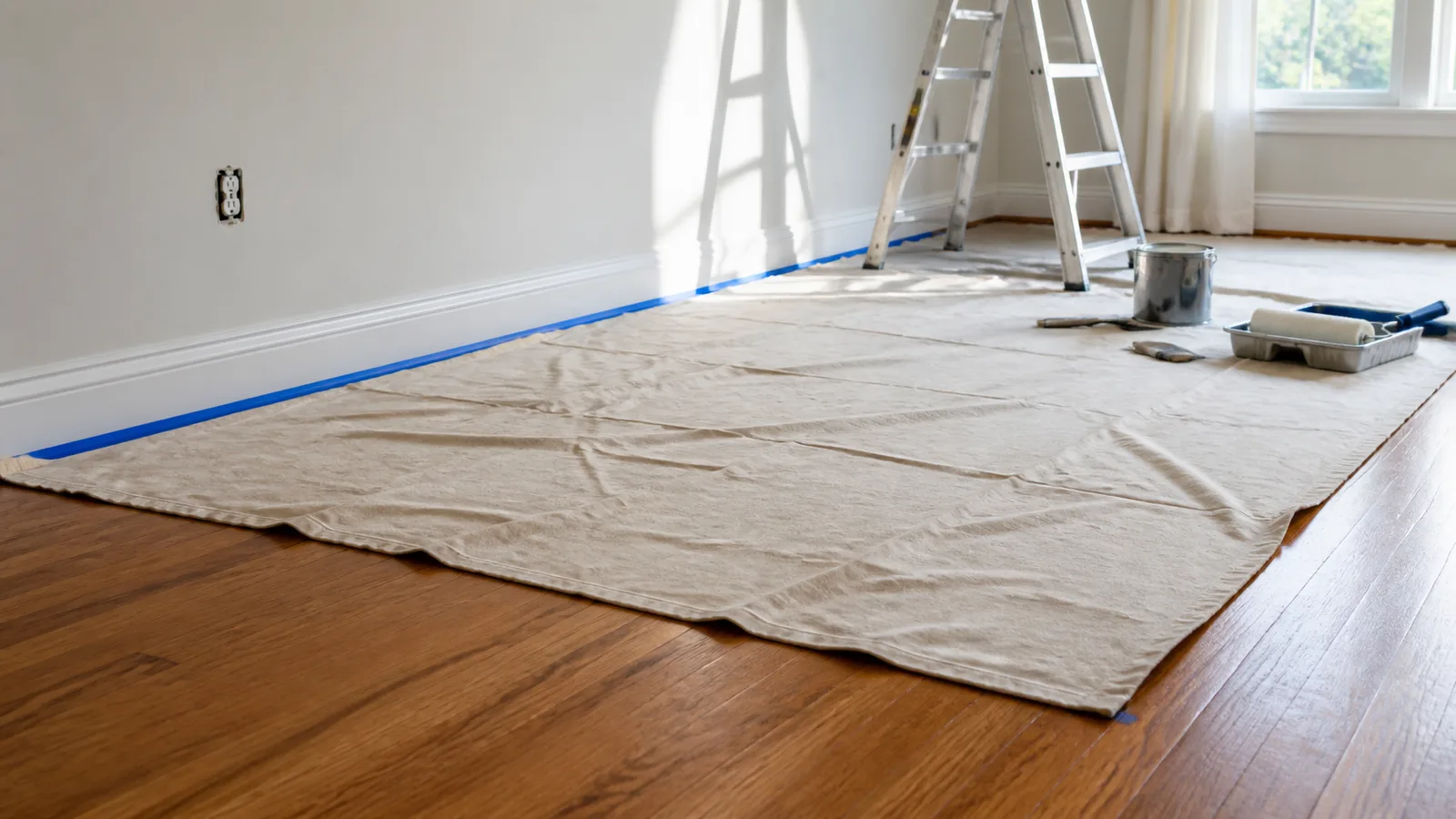 AI-generated illustration: Canvas drop cloth laid flat over real hardwood flooring, taped neatly at the baseboard, natural light highlighting protective coverage.