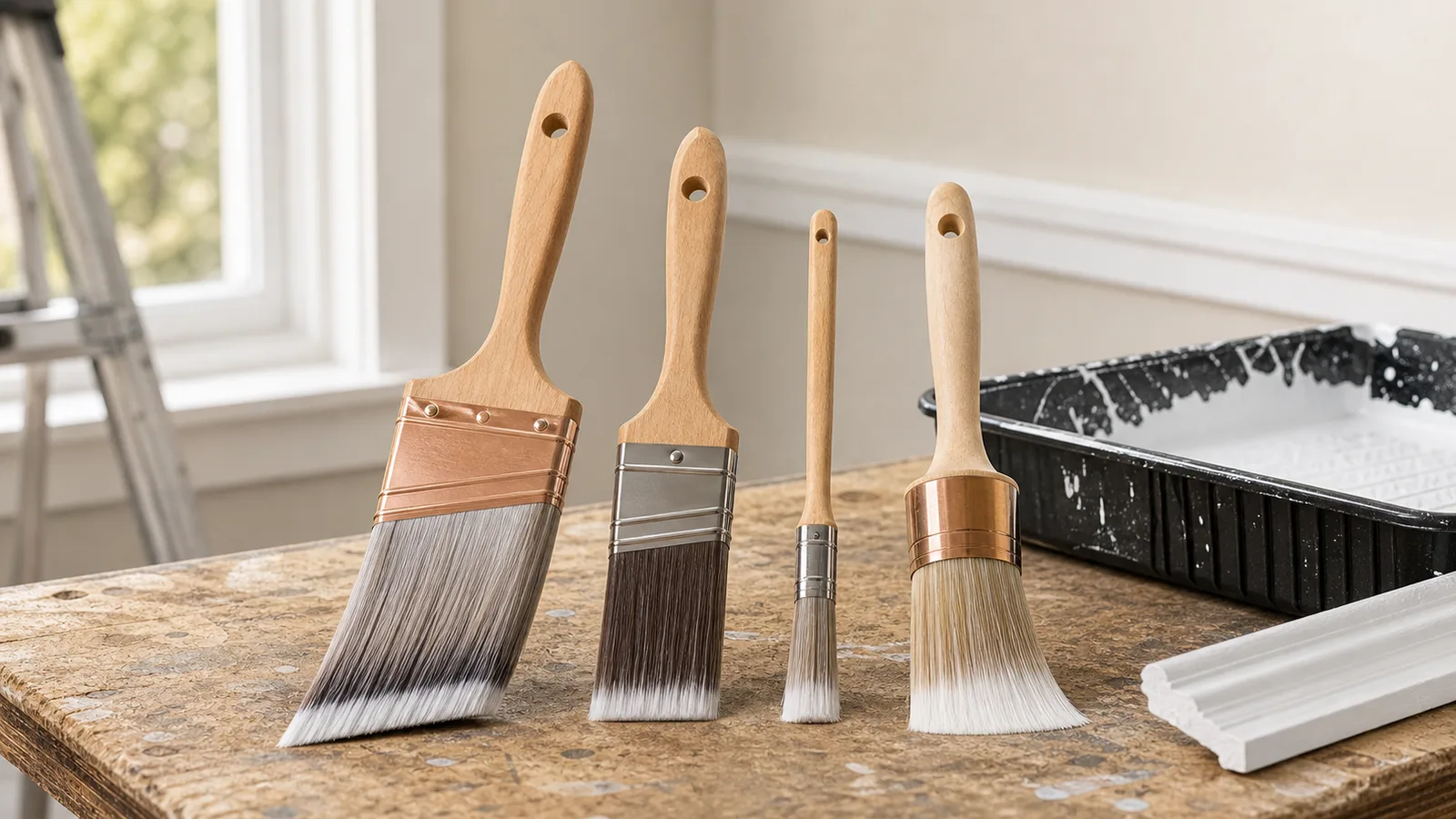 Interior paint brush lineup showing angled sash, trim brush, and detail brush options