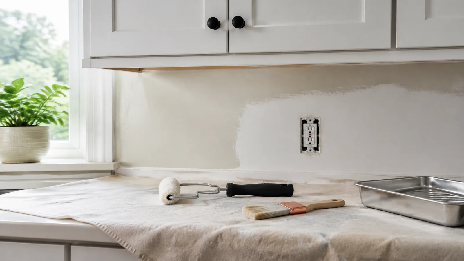 AI-generated illustration: A kitchen wall gap between upper cabinets and counter, unbranded compact roller and angled brush on protected countertop.