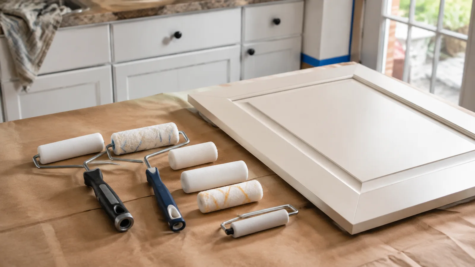 AI-generated illustration: Generic small foam and fabric mini rollers on a protected counter beside a detached smooth cabinet door, no branded packaging.