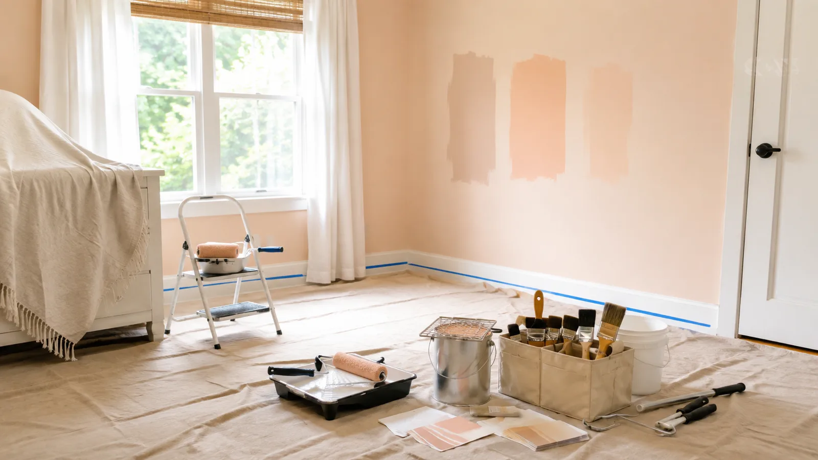 AI-generated illustration: A nursery ready for repaint with cot removed from work area, floor fully protected, soft apricot samples and clean unbranded tools.