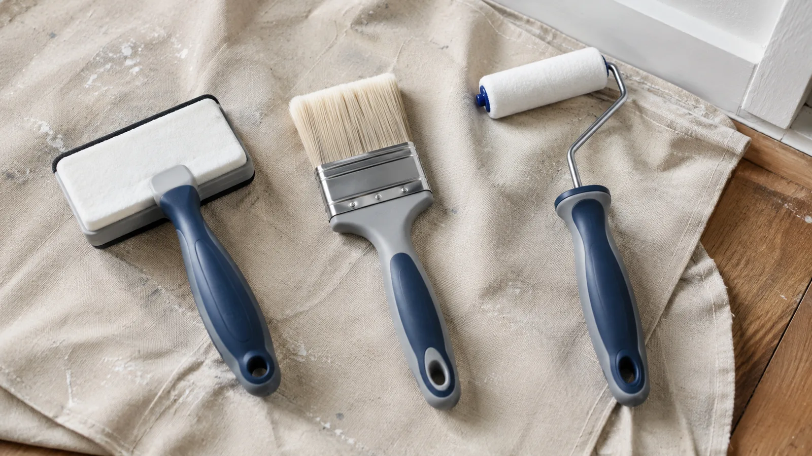 AI-generated illustration: Overhead comparison of three unbranded paint edging tools, a small pad, trim brush and compact corner roller on a canvas cloth.