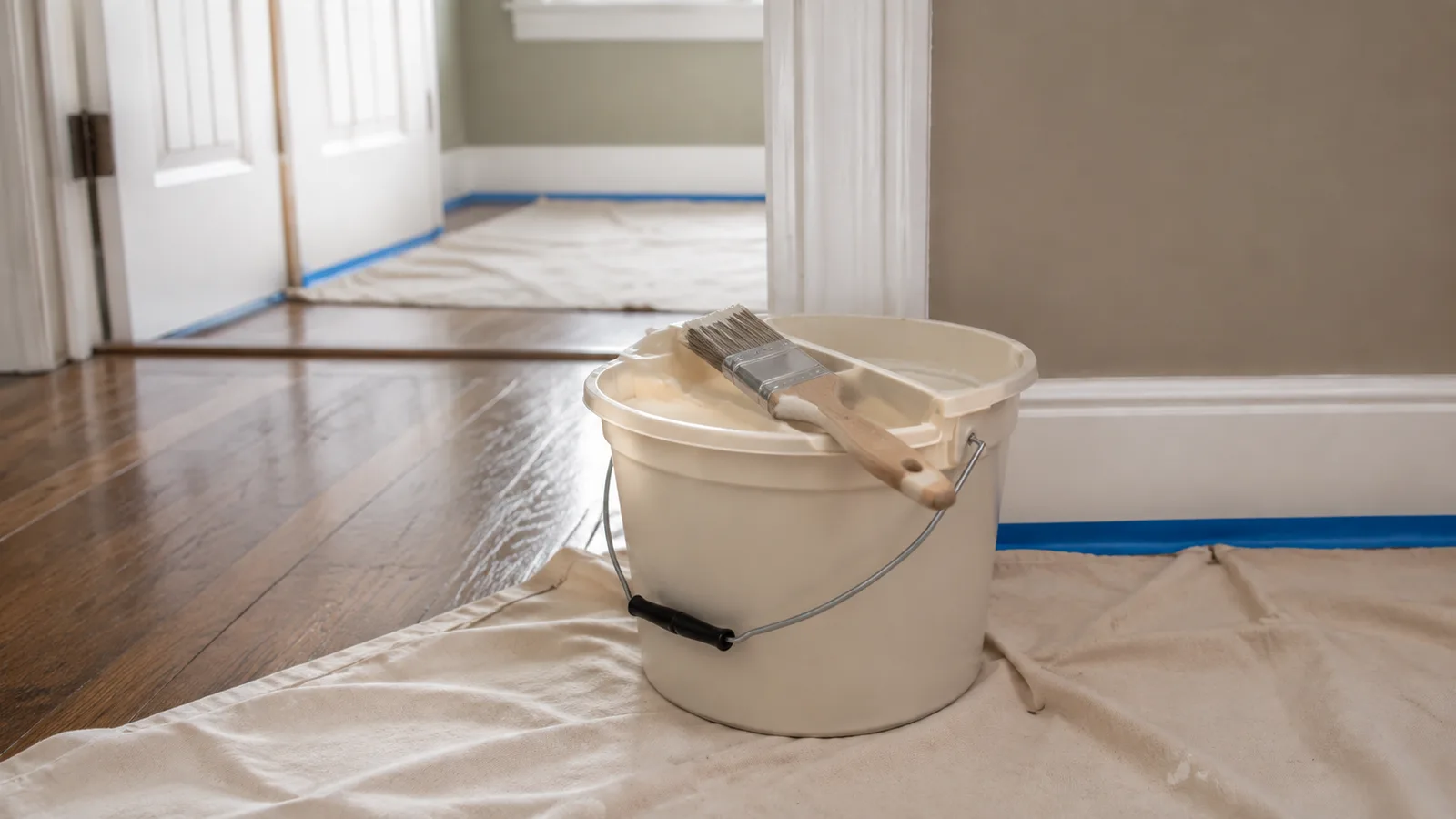AI-generated illustration: An unbranded handled paint pail holding cream paint and an angled brush on its rest, set on protected floor next to a doorway.