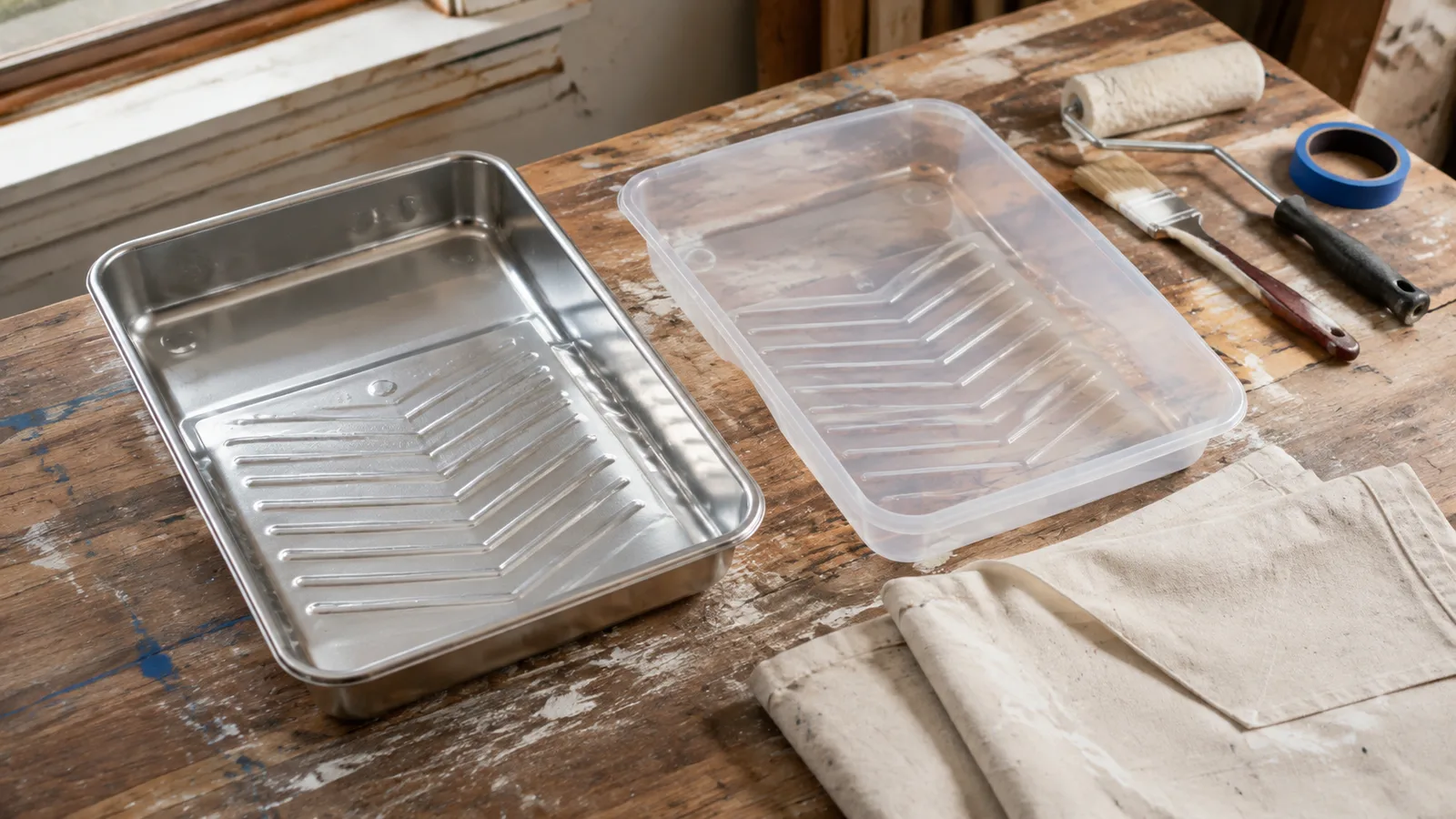 AI-generated illustration: A reusable metal paint tray beside a fitted reusable liner and folded canvas mat, clean unbranded objects, overhead workshop view.