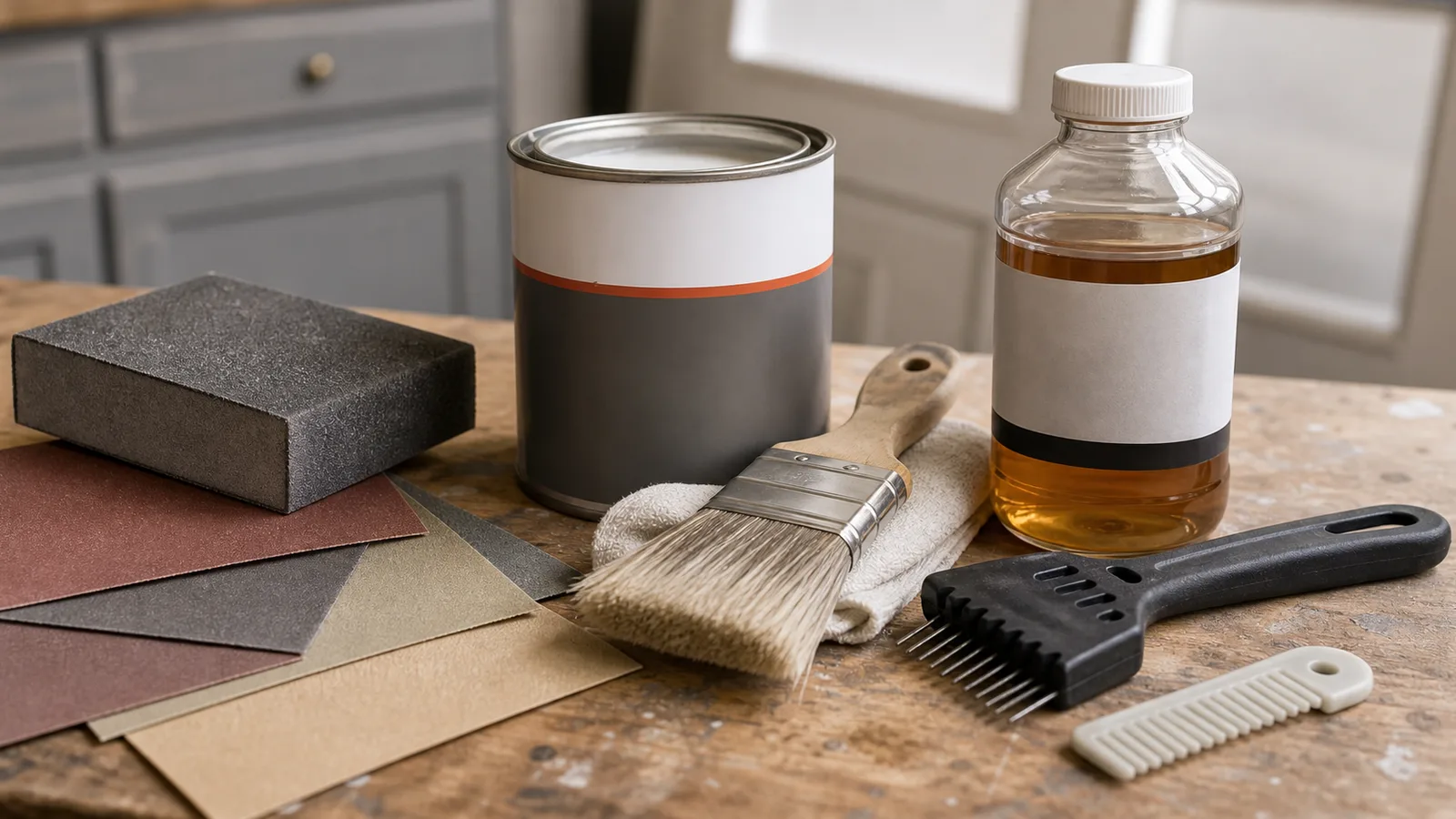 Bonding primer and sanding block beside a laminate furniture panel ready for repainting
