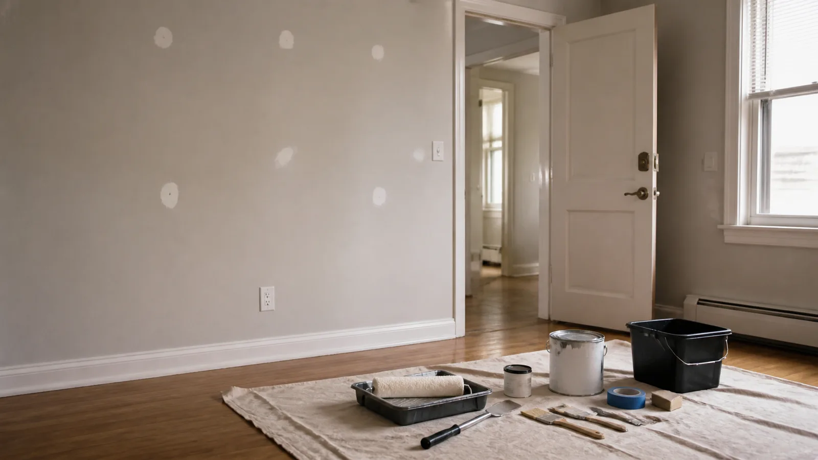 AI-generated illustration: An empty rental apartment room with small patched wall marks and a neatly grouped generic repaint kit on a drop cloth near the exit.