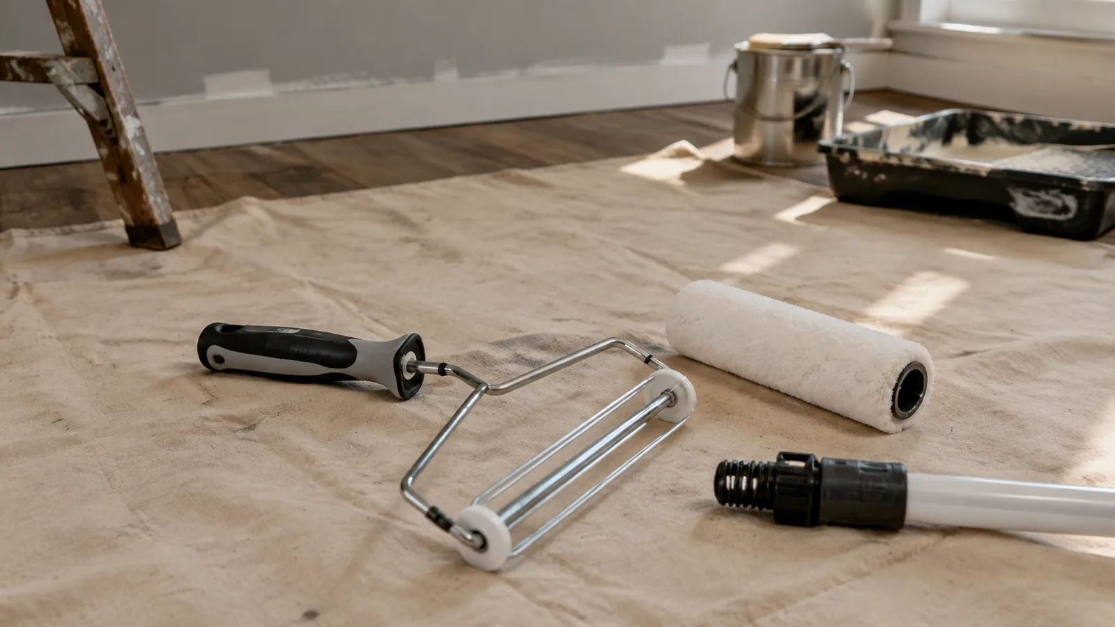 AI-generated illustration: A sturdy generic nine-inch roller frame with one removable sleeve next to an extension pole connector on a canvas work mat.