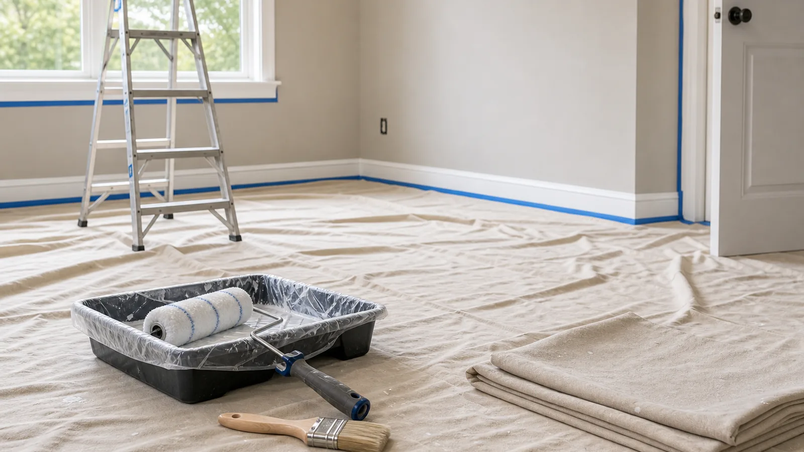 Canvas drop cloth spread across a room floor with paint tray and wall setup ready