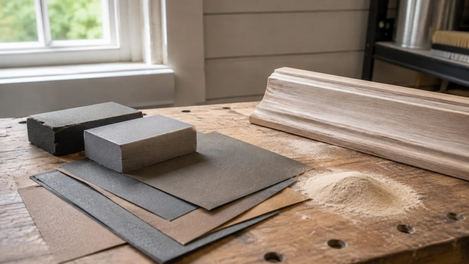 AI-generated illustration: Unbranded sanding blocks and fine abrasive sheets with no readable markings next to a prepared bare wood trim sample, dust collected neatly.