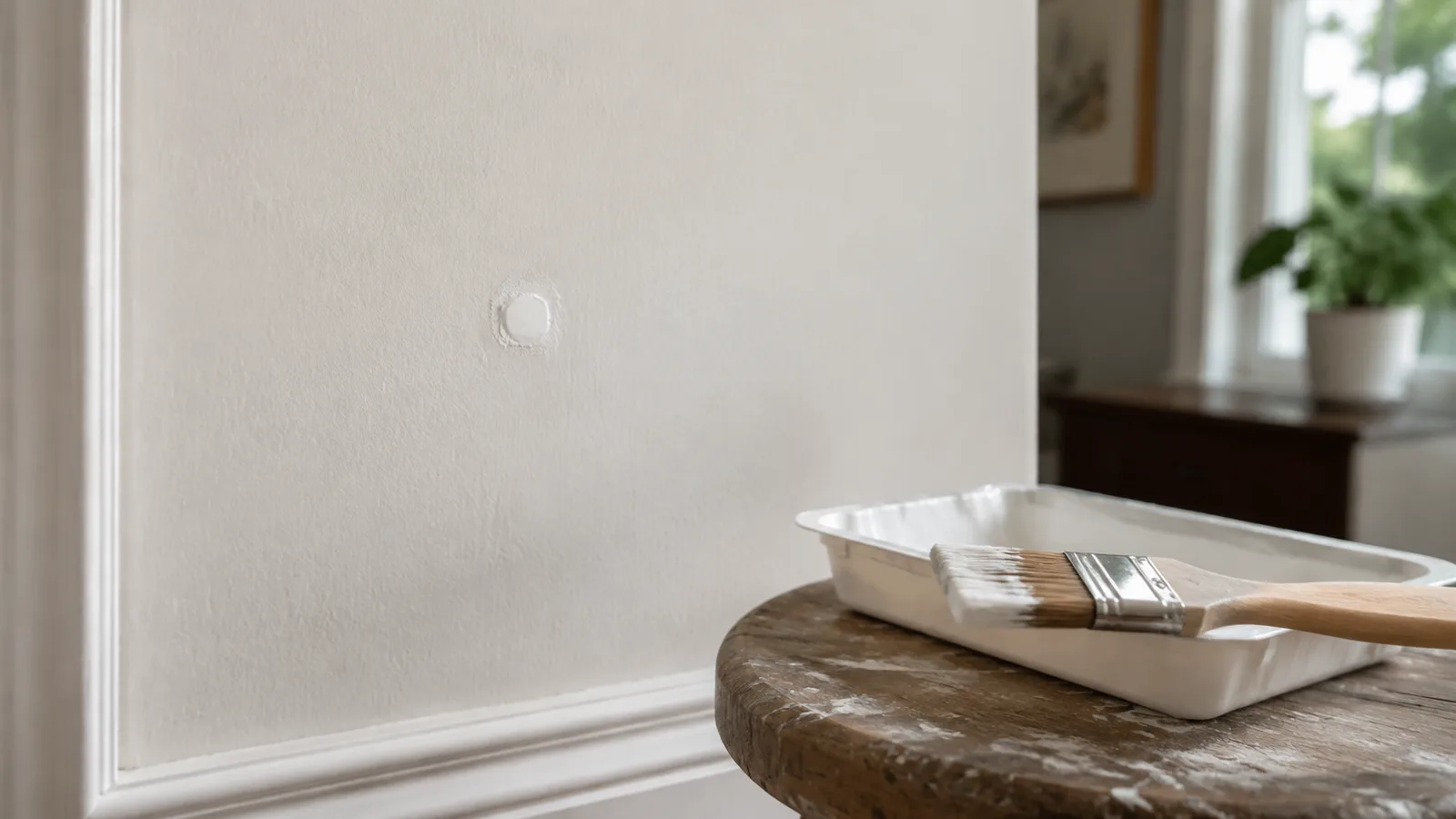AI-generated illustration: A tiny touched-up spot on a warm-white wall beside a small flat brush and minimal tray on a stool, macro detail with subtle real texture.