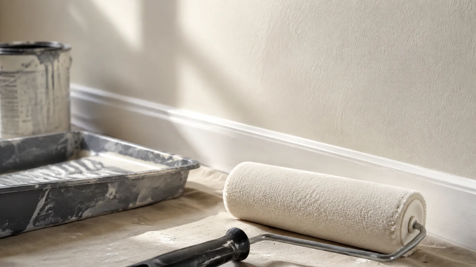 AI-generated illustration: Close-up low-nap unbranded roller cover beside smooth ivory drywall and a tray, soft side light showing subtle surface texture.