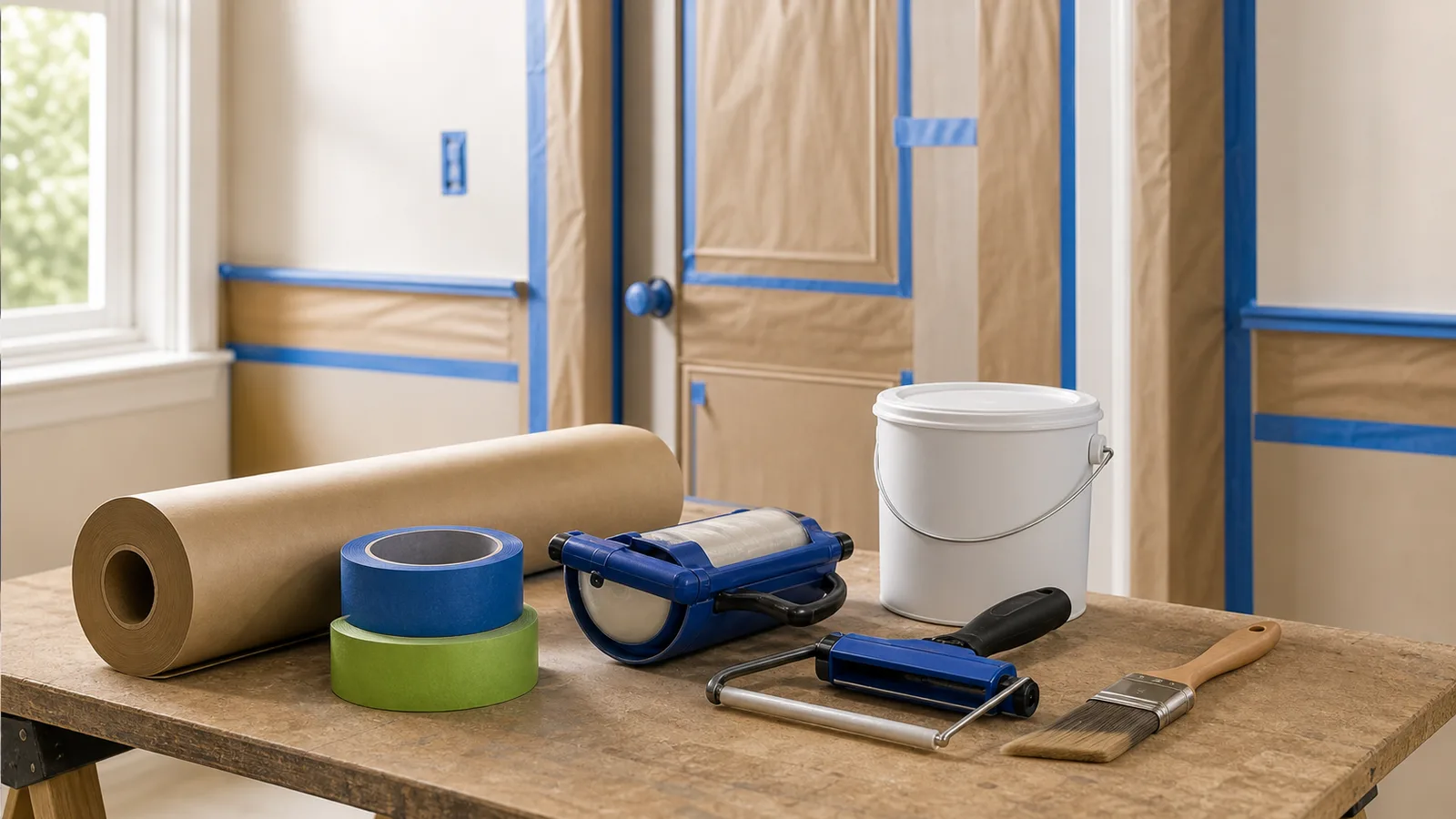 Masking film, paper, and painter's tape laid out beside a sprayer prep setup