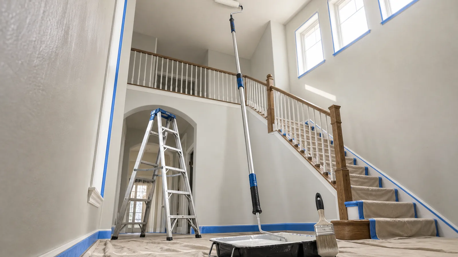 Extension pole, angled brush, and drop cloth staged on a stairwell landing