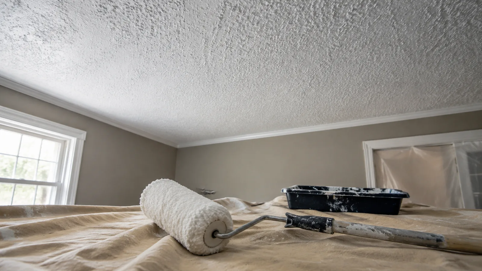 AI-generated illustration: Close ceiling texture above a protected room, thick-nap unbranded roller sleeve and pole displayed on a sturdy floor cloth in foreground.