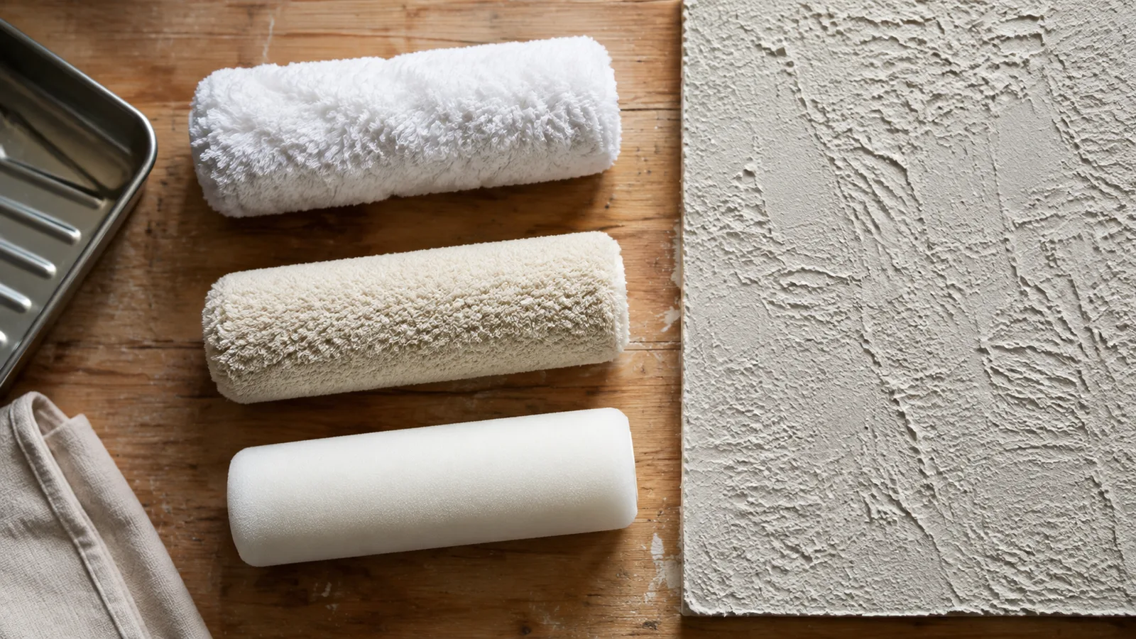 AI-generated illustration: Three unbranded roller sleeves with visibly different pile lengths beside a coarse textured wall sample, clean overhead still life.